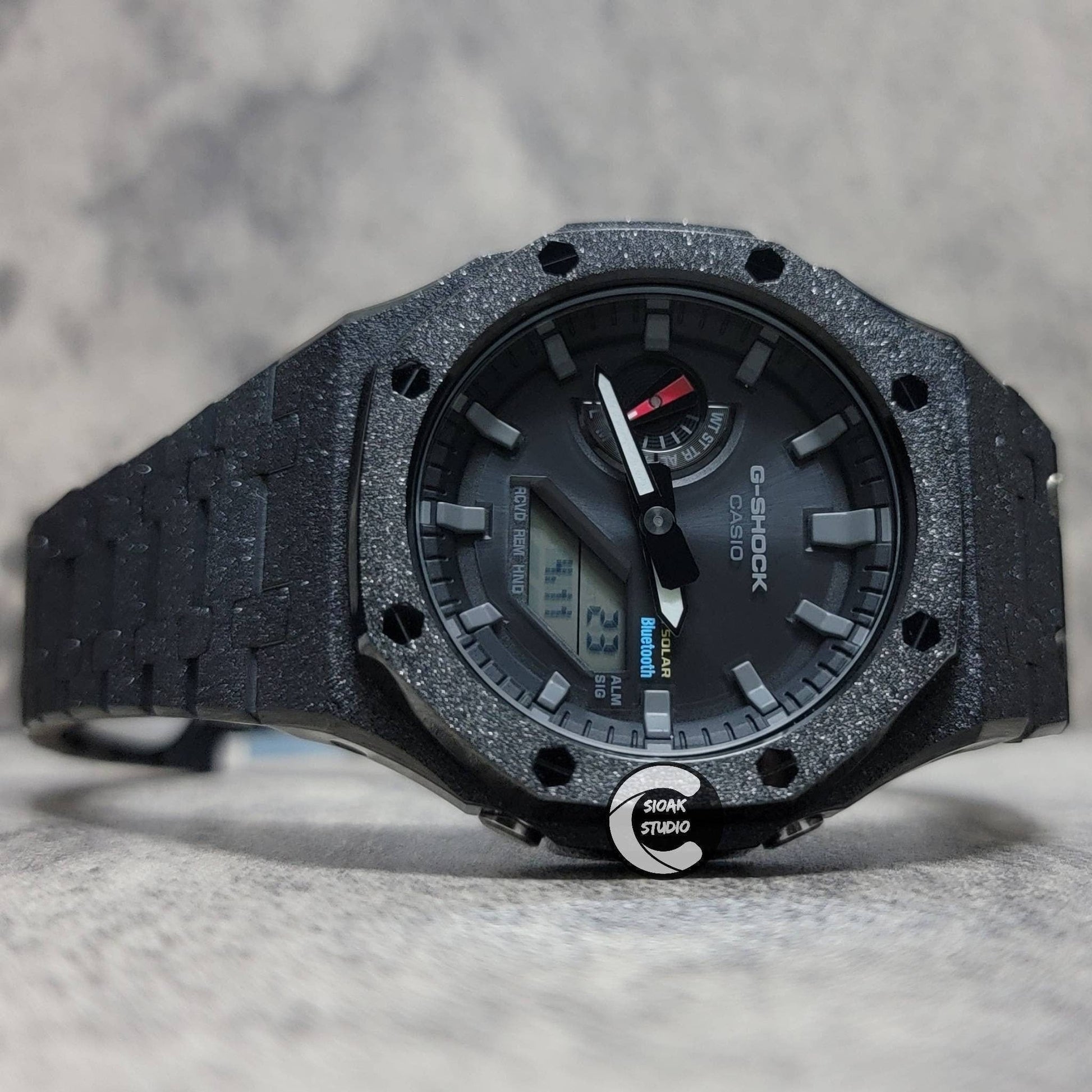 Casioak Mod Watch Solar Bluetooth Frosted Black Case Metal Strap Black Gray Time Mark Black Dial 44mm - Casioak Studio