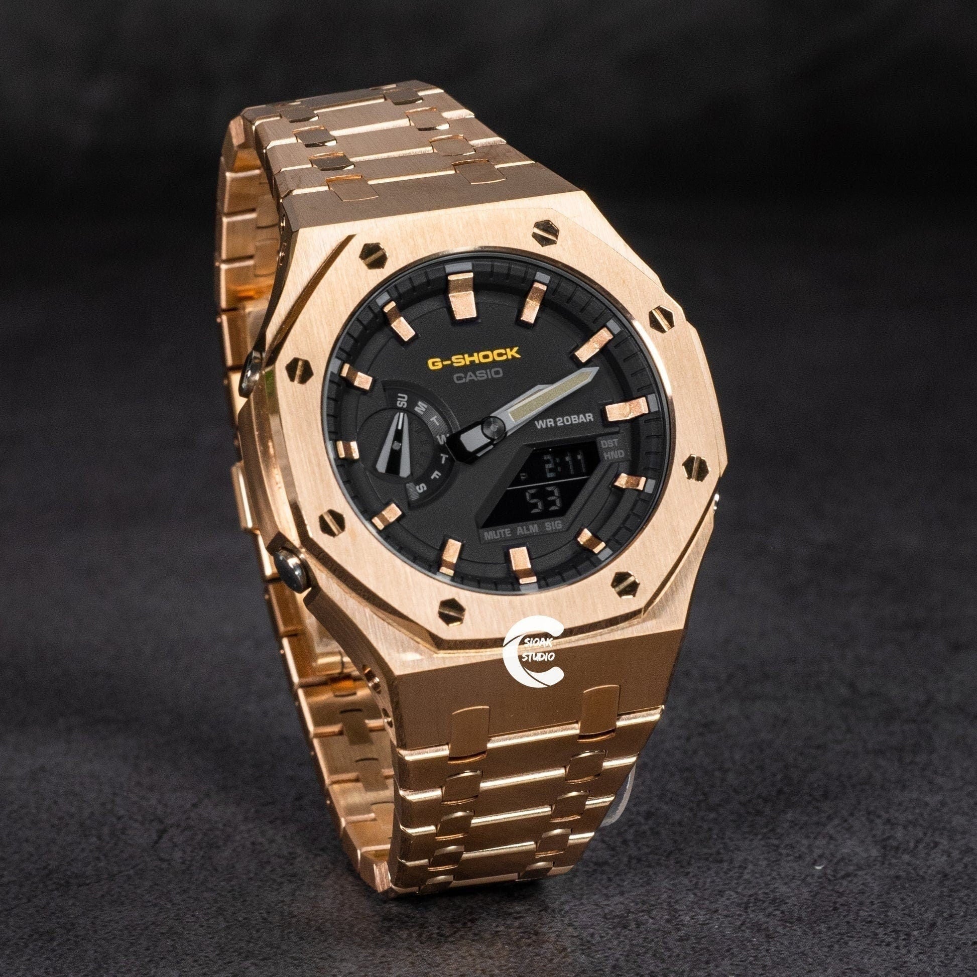 Casioak Mod Watch Rose Gold Case Metal Strap Rose Gold Time Mark Black Dial 44mm - Casioak Studio