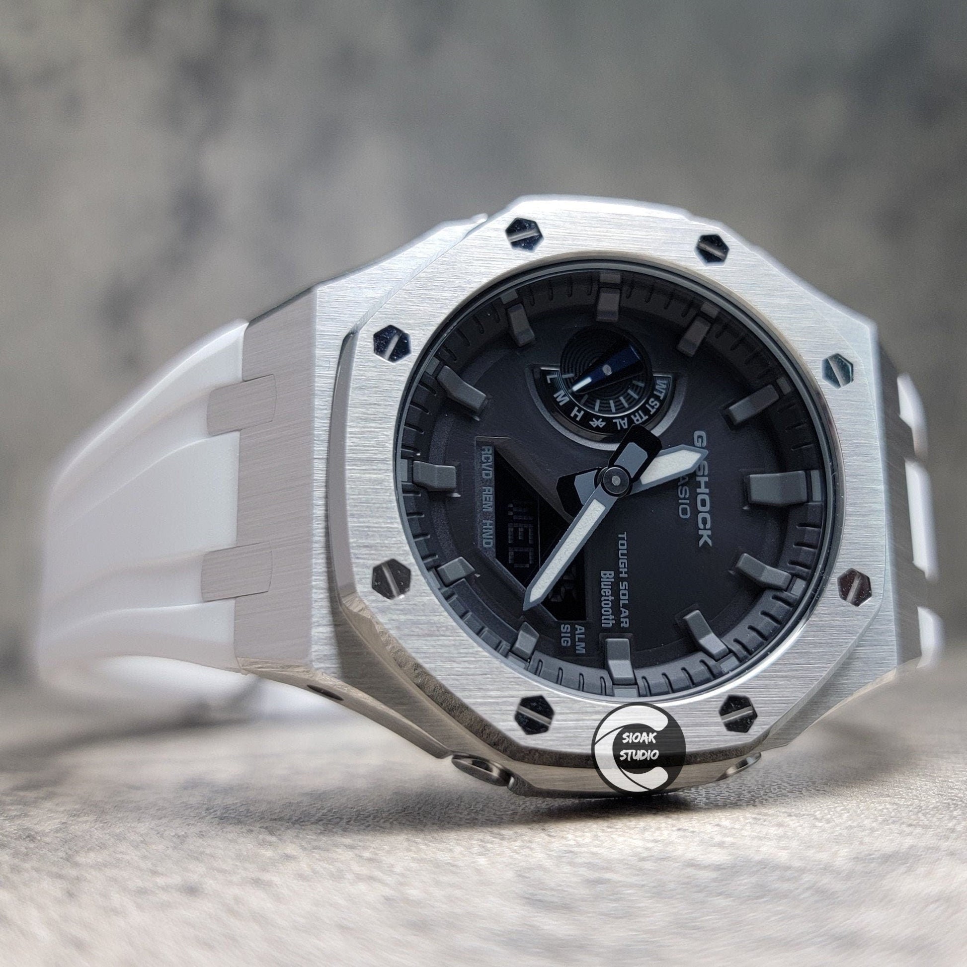 Casioak Mod Watch Solar Bluetooth Silver Cas White Rubber Strap Black Gray Time Mark Black Gray Dial 44mm G SHOCK CUSTOM - Casioak Studio