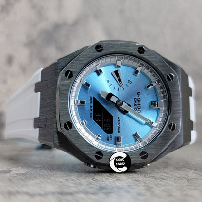 Casioak Mod Watch Gray Case White Rubber Strap Silver Time Mark Ice Blue Dial 44mm - Casioak Studio