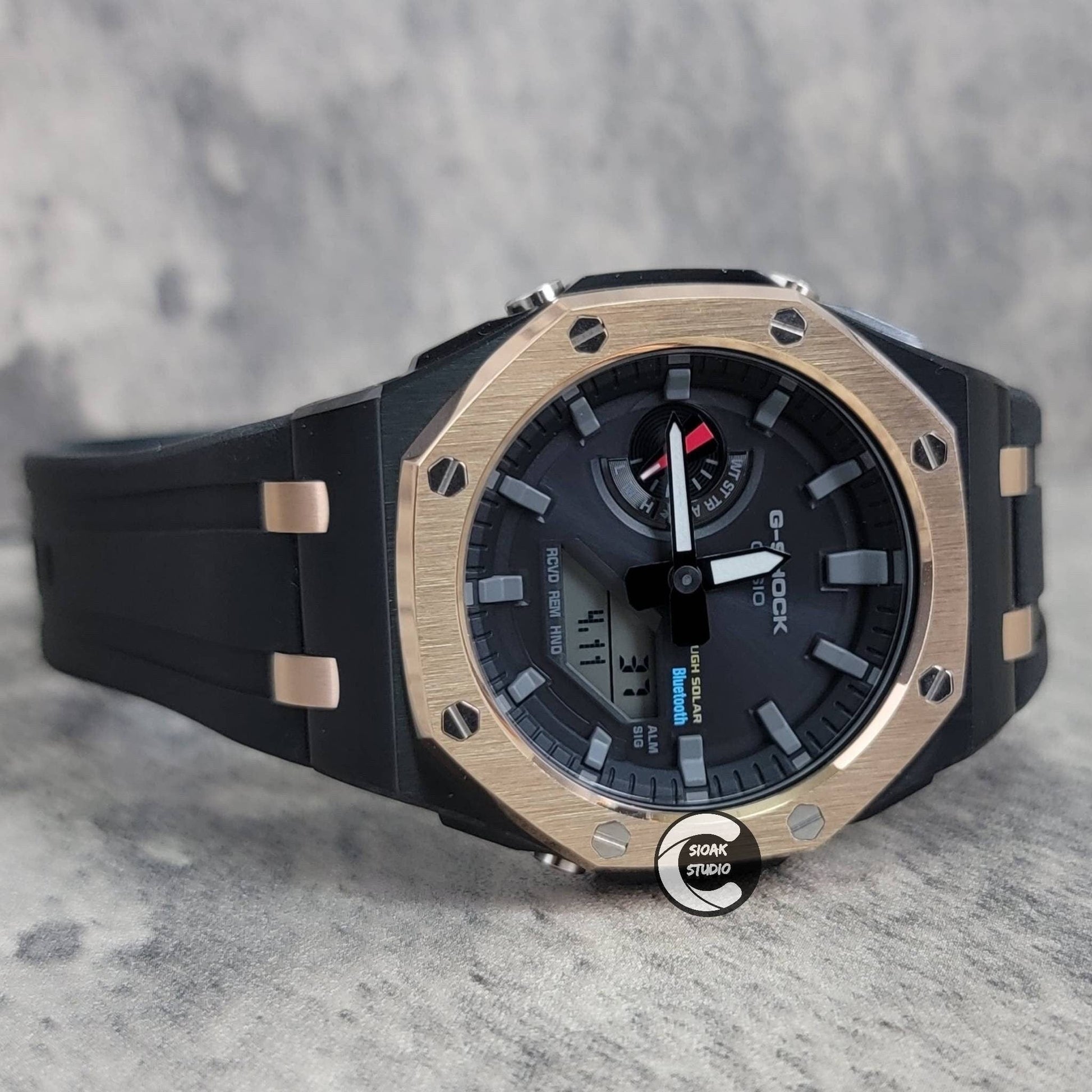 Casioak Mod Watch Solar Bluetooth Offshore Superior Rose Gold Black Case Black Rubber Strap Black Gray Time Mark Black Dial 44mm - Casioak Studio