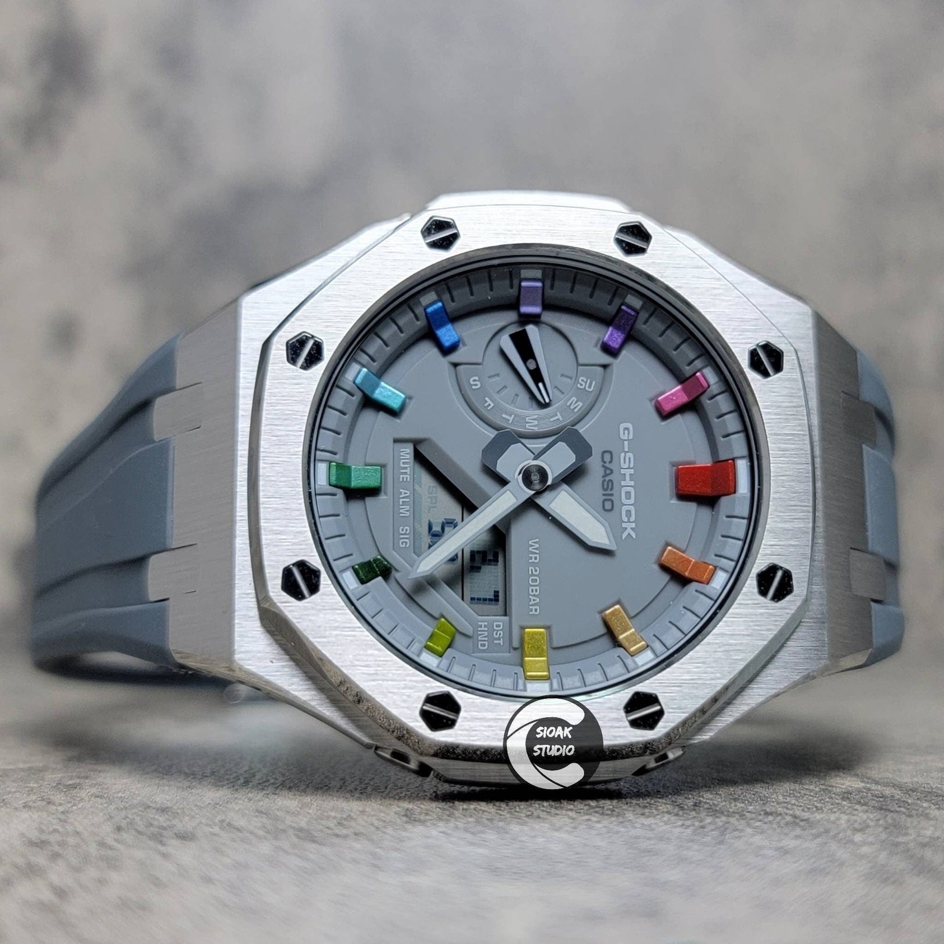 Casioak Mod Watch Silver Case Gray Rubber Strap Gray  Rainbow Time Mark Gray Dial 44mm - Casioak Studio