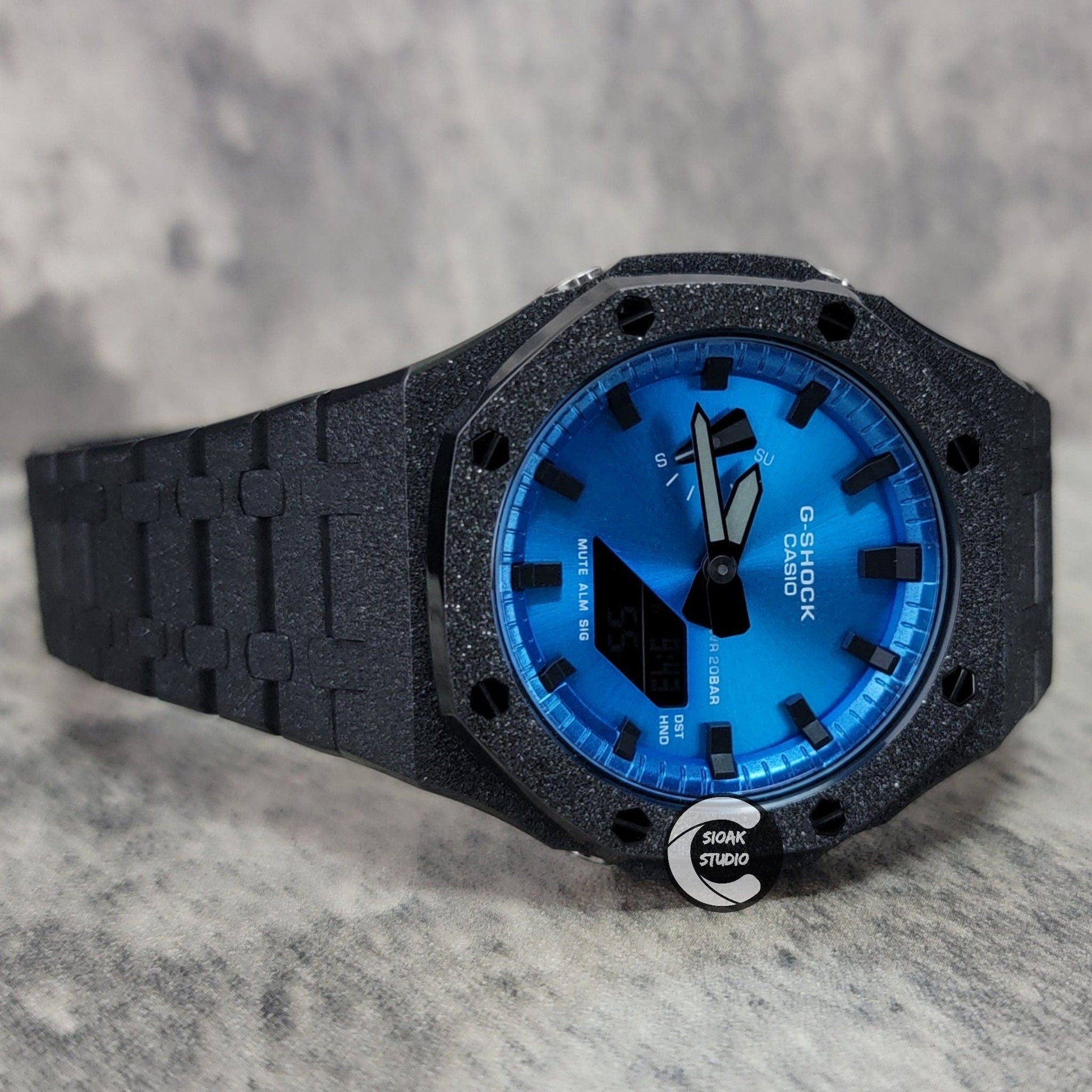 Casioak Mod Watch Frosted Black Case Metal Strap Blue Black Time Mark Metallic Blue  Dial 44mm    Gift men - Casioak Studio