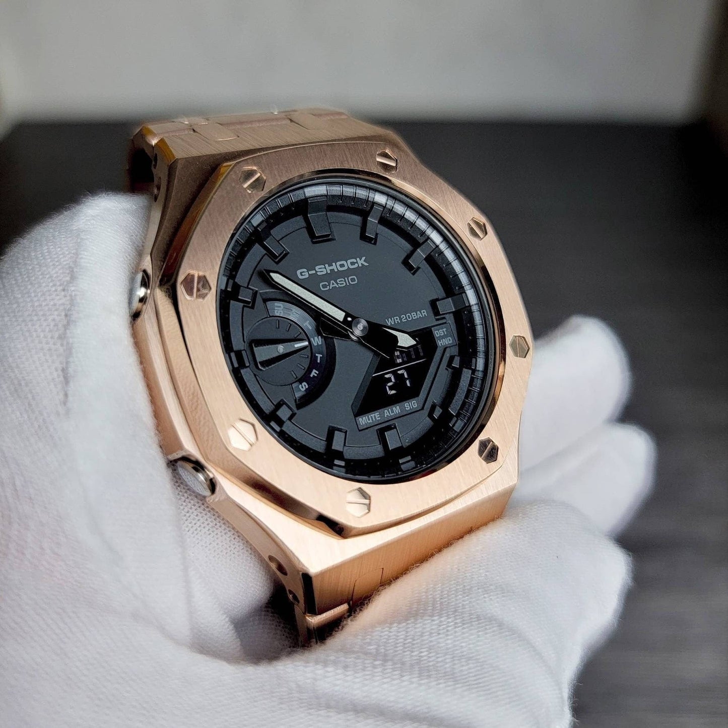 Casioak Mod Watch Rose Gold Case Metal Strap Black Time Mark Black Dial 44mm - Casioak Studio