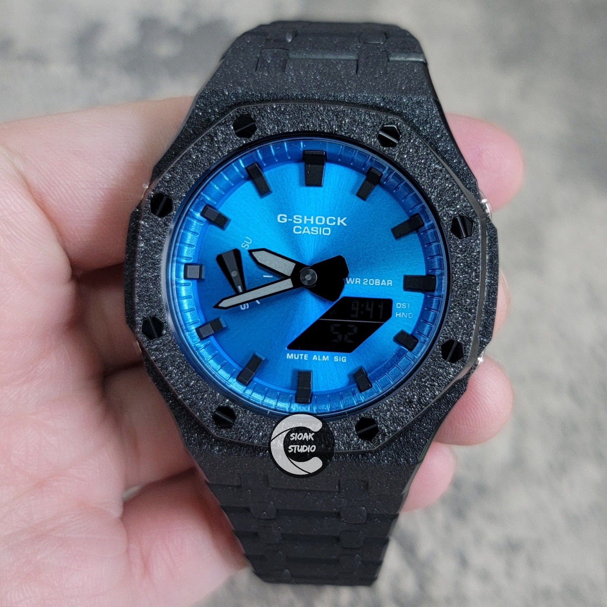 Casioak Mod Watch Frosted Black Case Metal Strap Blue Black Time Mark Metallic Blue  Dial 44mm    Gift men - Casioak Studio