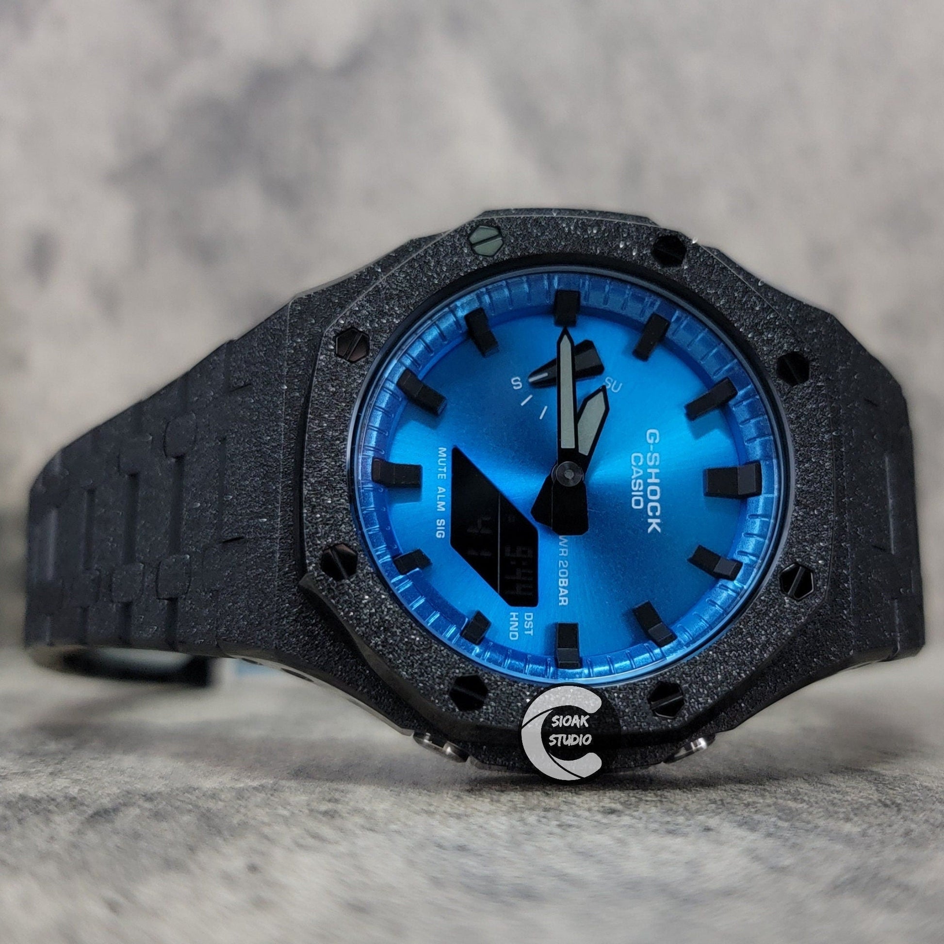 Casioak Mod Watch Frosted Black Case Metal Strap Blue Black Time Mark Metallic Blue  Dial 44mm    Gift men - Casioak Studio