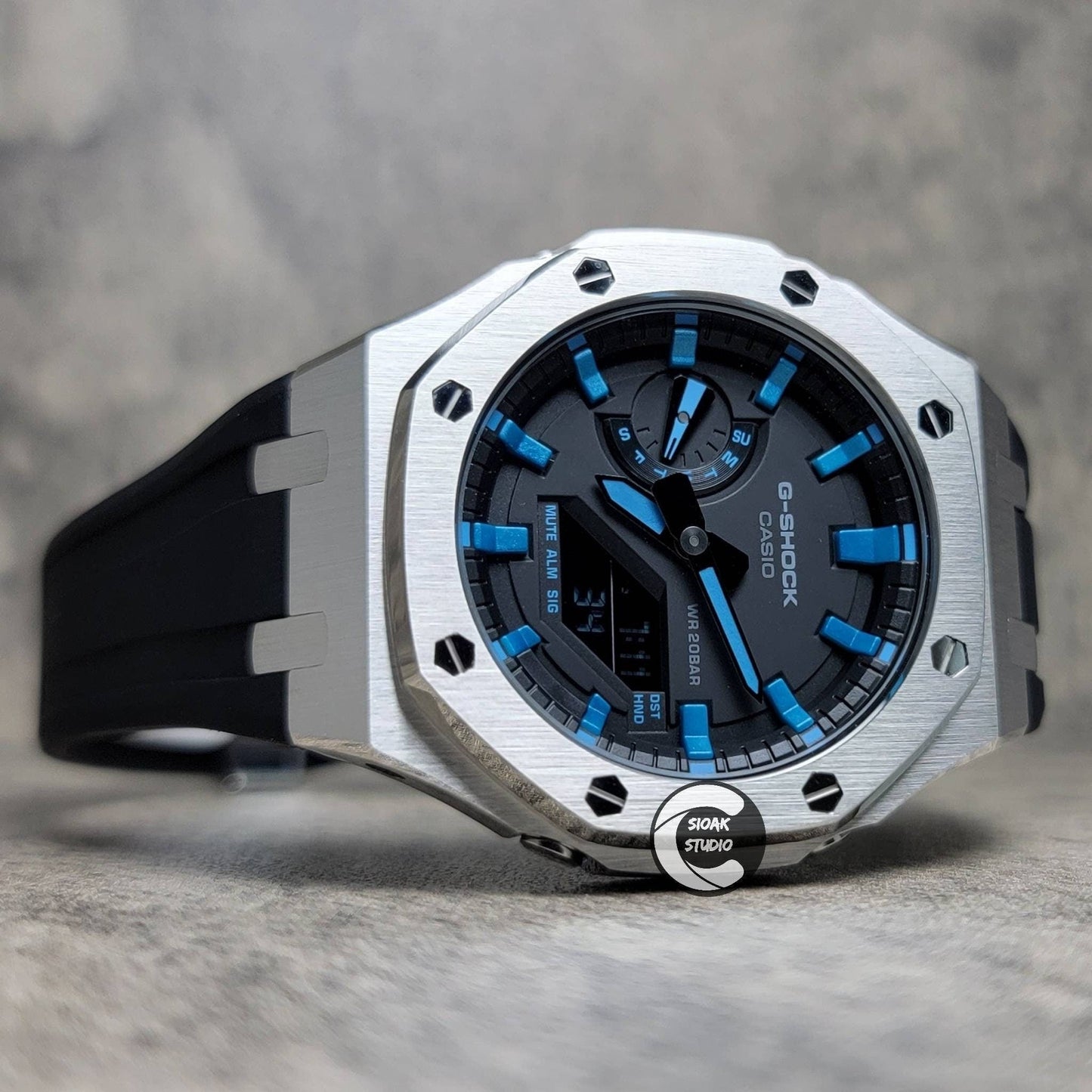 Casioak Mod Watch Silver Case Black Rubber Strap Black  LIght Blue Time Mark Black Dial 44mm - Casioak Studio