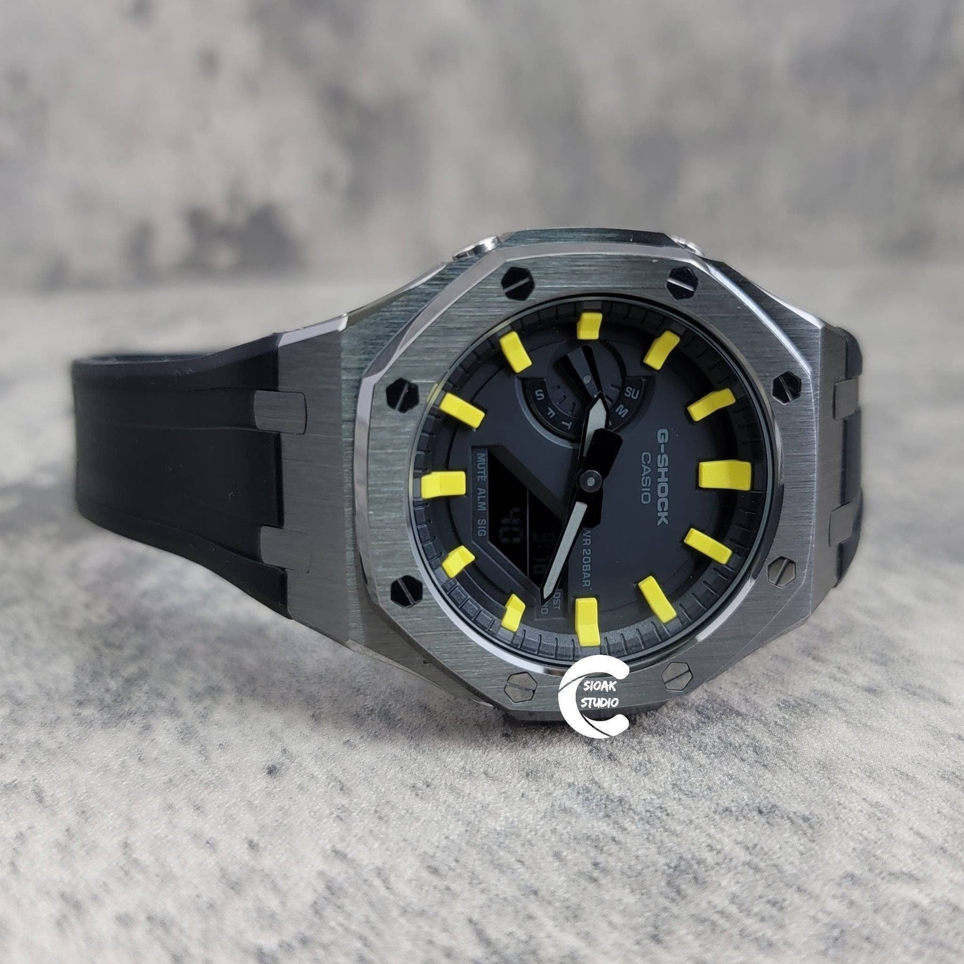 Casioak Mod Watch Gray Case Black Rubber Strap Black Yellow Time Mark Black Dial 44mm - Casioak Studio