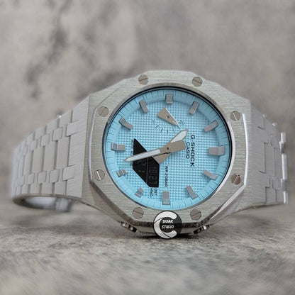 Casioak Mod Watch Silver Case Metal Strap Tiffany Silver Time Mark Tiffany Blue Dial 44mm - Casioak Studio