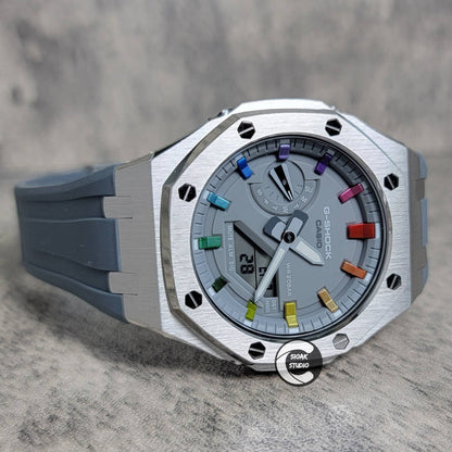 Casioak Mod Watch Silver Case Gray Rubber Strap Gray  Rainbow Time Mark Gray Dial 44mm - Casioak Studio