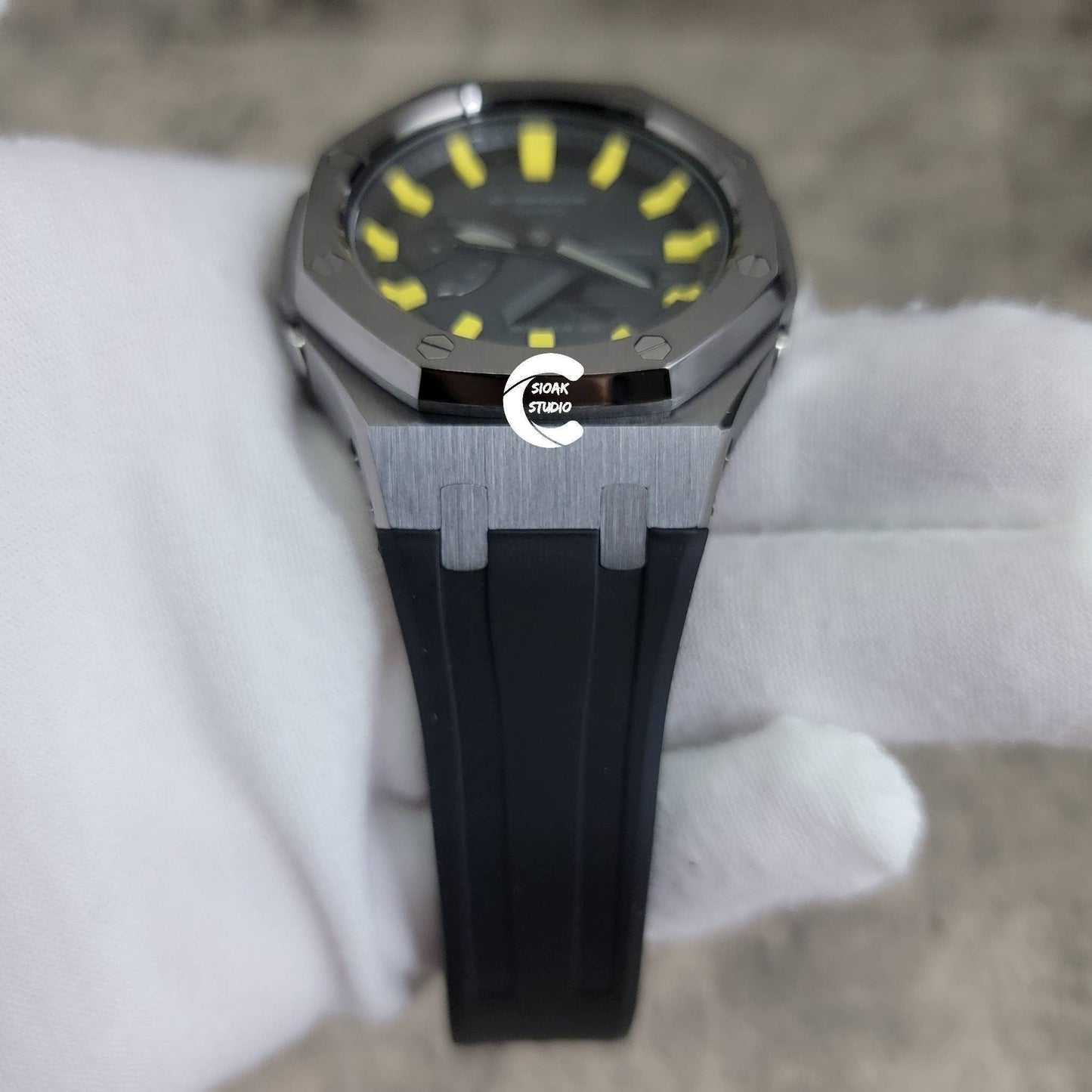 Casioak Mod Watch Gray Case Black Rubber Strap Black Yellow Time Mark Black Dial 44mm Custom G-SHOCK Birthday Gifts Anniversary Christmas - Casioak Studio