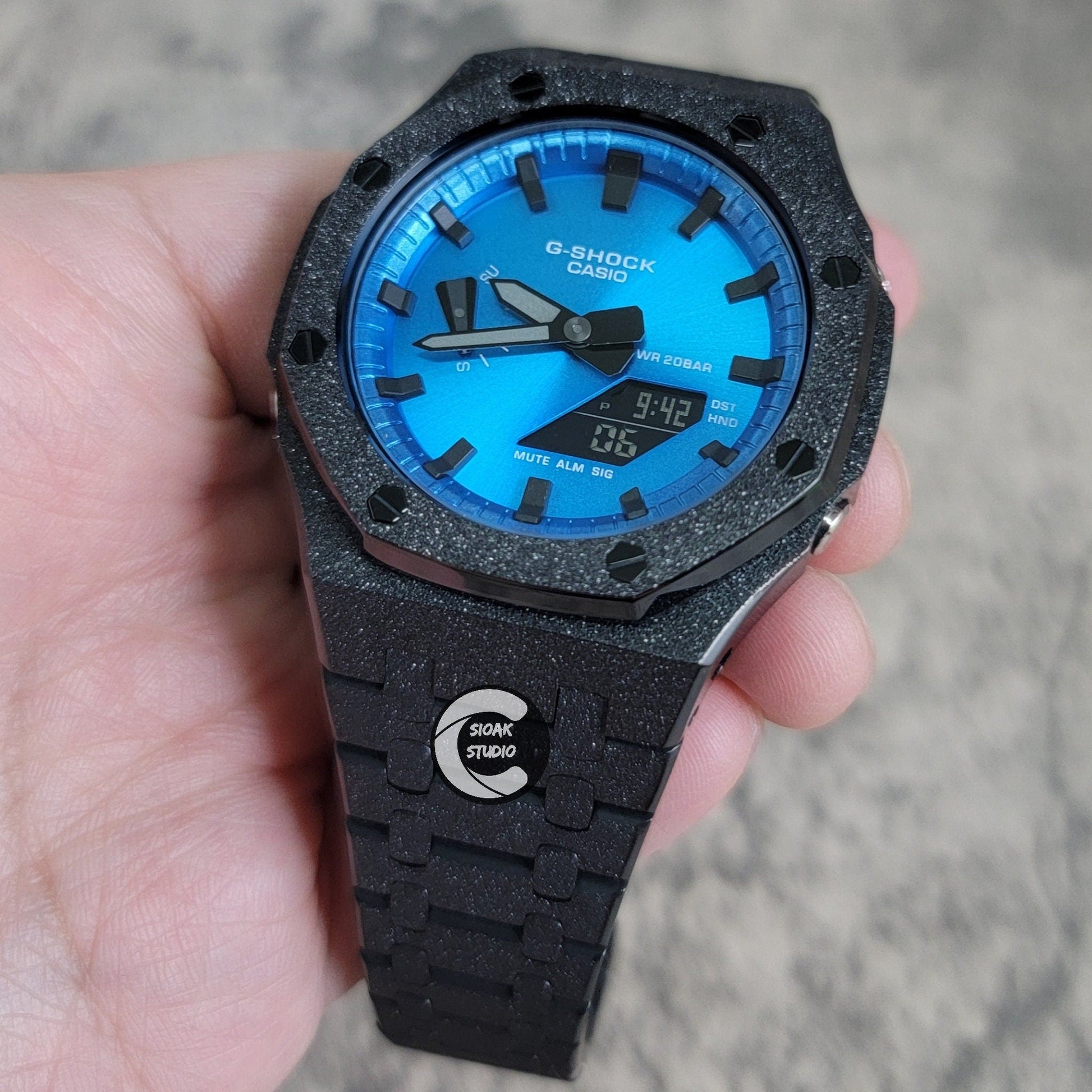 Casioak Mod Watch Frosted Black Case Metal Strap Blue Black Time Mark Metallic Blue  Dial 44mm    Gift men - Casioak Studio