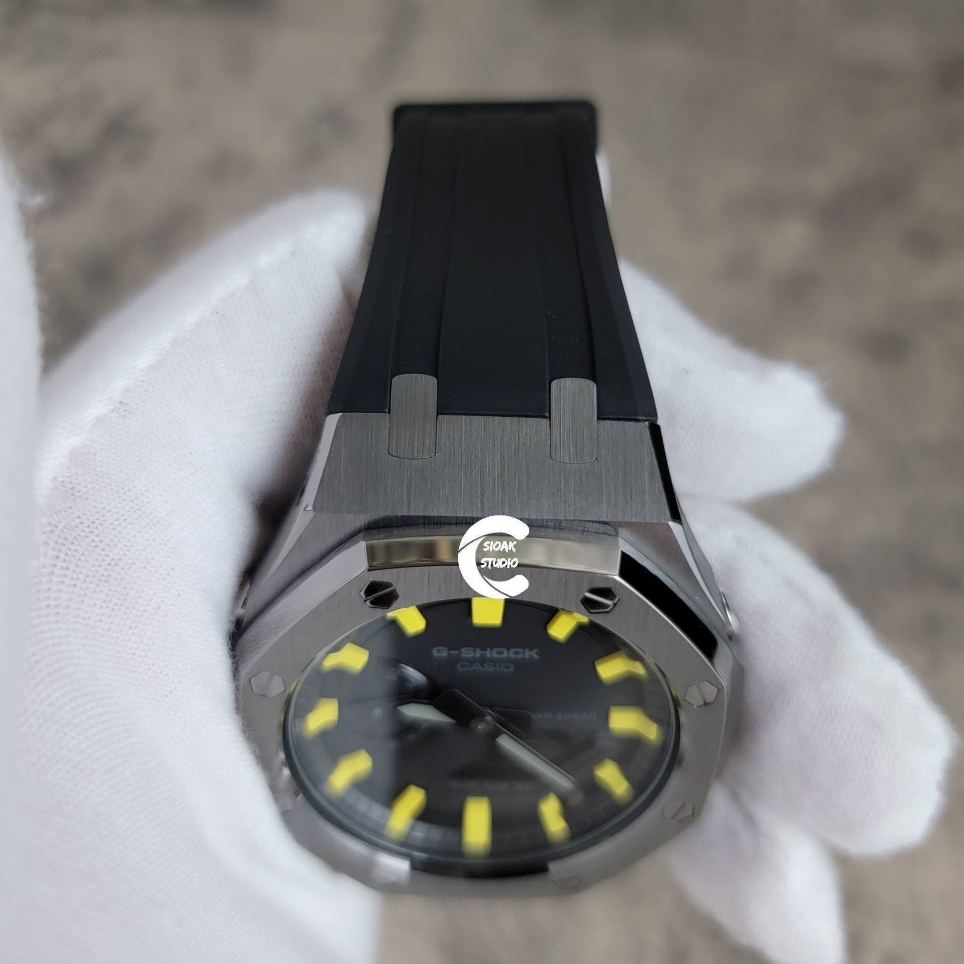 Casioak Mod Watch Gray Case Black Rubber Strap Black Yellow Time Mark Black Dial 44mm Custom G-SHOCK Birthday Gifts Anniversary Christmas - Casioak Studio