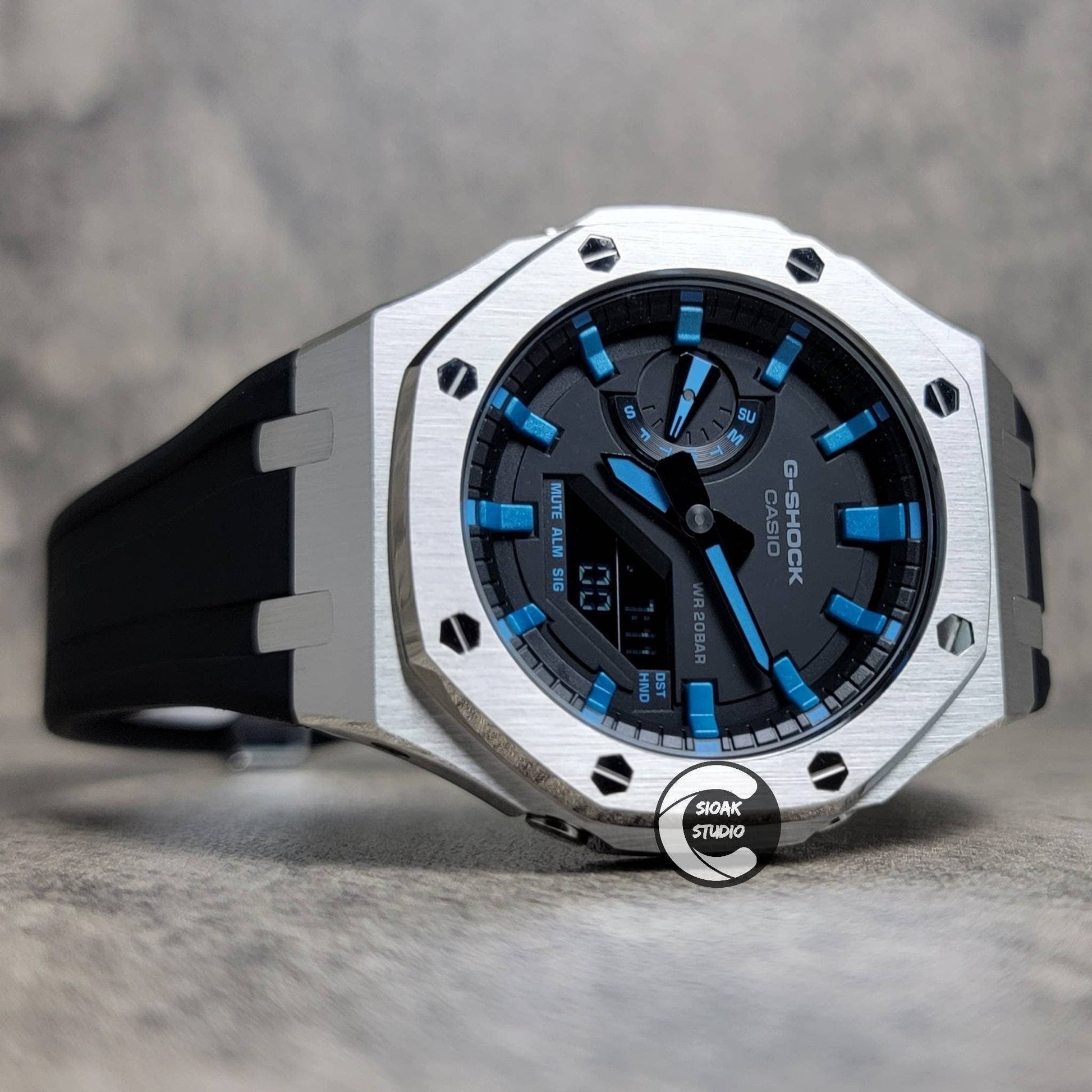 Casioak Mod Watch Silver Case Black Rubber Strap Black  LIght Blue Time Mark Black Dial 44mm - Casioak Studio