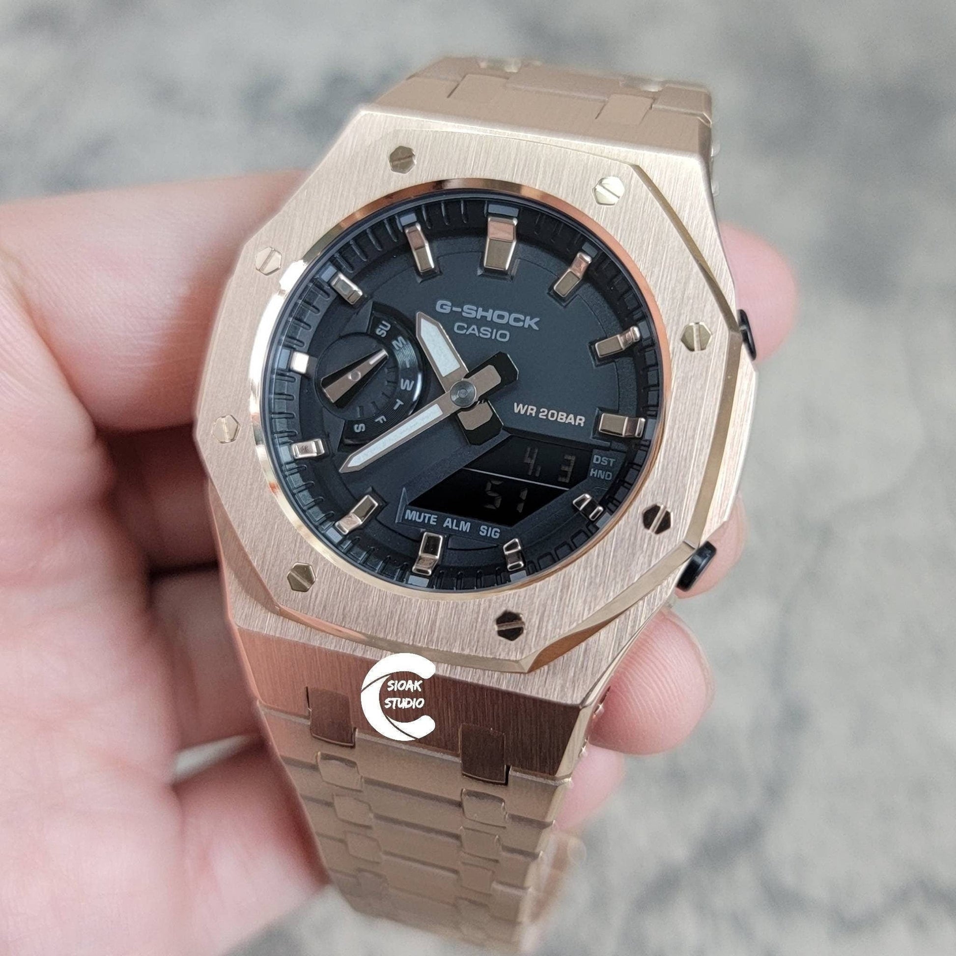 Casioak Mod Watch Rose Gold Case Metal Strap Black Gold Time Mark Black Rose Gold Dial 42mm - Casioak Studio