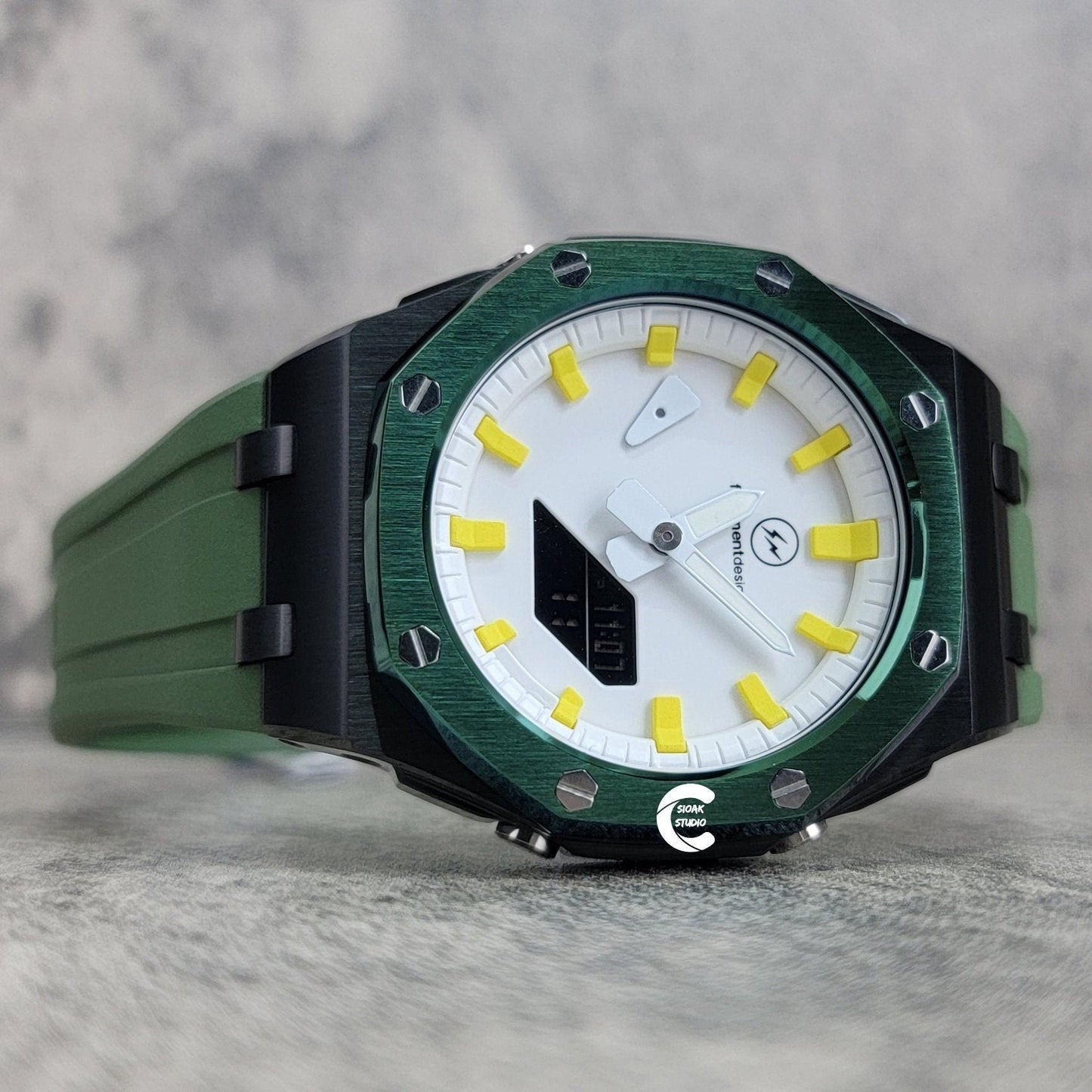 Casioak Mod Watch Green Black Offshore Superior Case Green Rubber Strap White Time Mark Dial 44mm - Casioak Studio