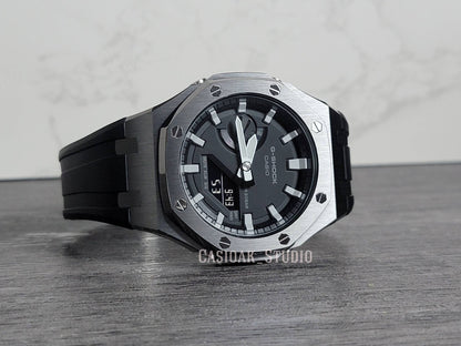 Casioak Mod Watch Gray Case Black Rubber Strap Black Light Gray Time Mark Black Dial 44mm - Casioak Studio