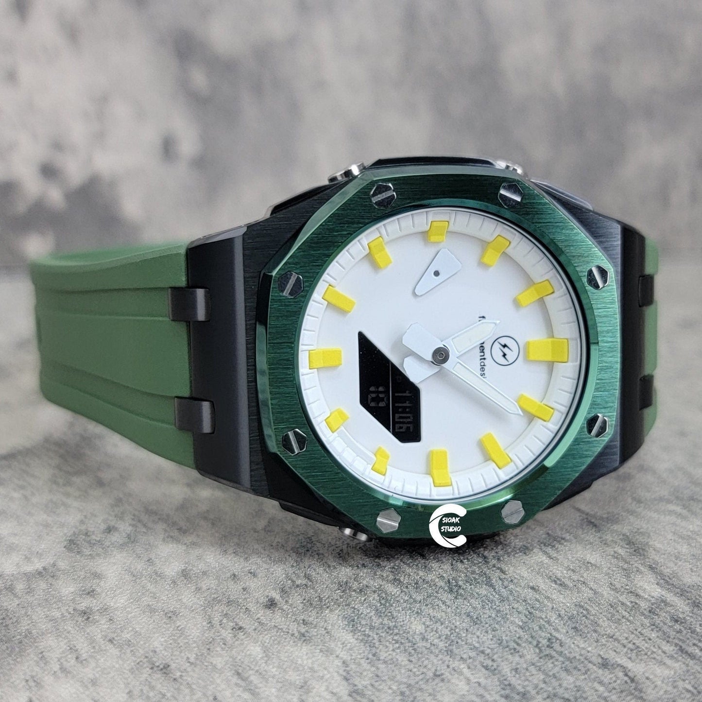 Casioak Mod Watch Green Black Offshore Superior Case Green Rubber Strap White Time Mark Dial 44mm - Casioak Studio