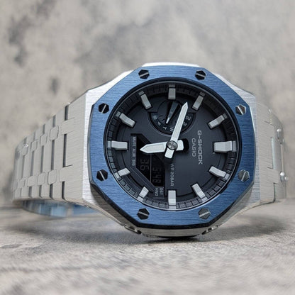 Casioak Mod Watch Blue Silver Case Metal Strap Black White Time Mark Black Dial 44mm - Casioak Studio