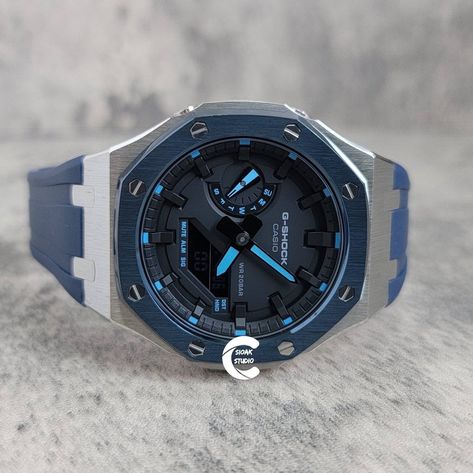 Casioak Mod Watch Blue Silver Case Blue Rubber Strap Black Time Mark Black Dial 44mm - Casioak Studio