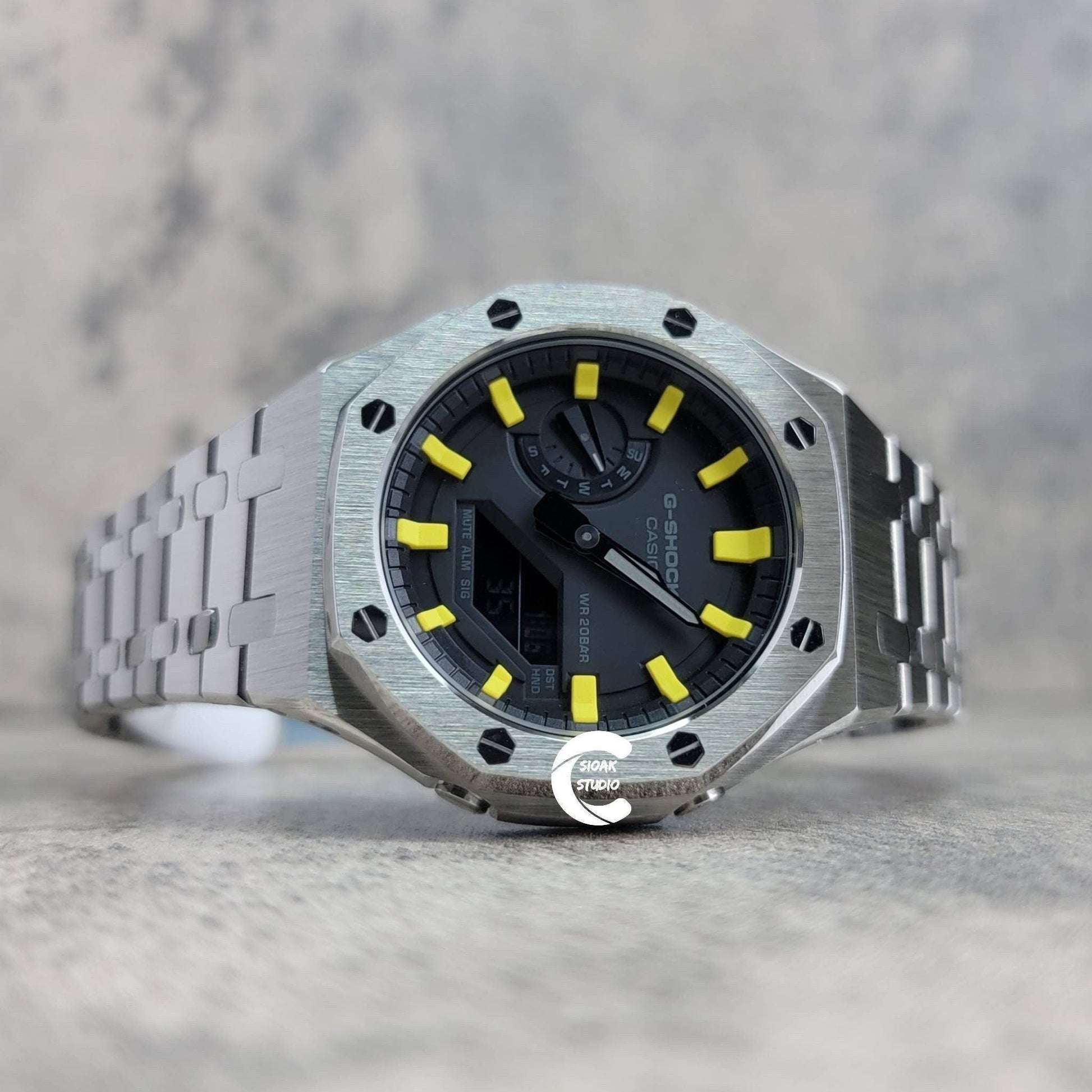 Casioak Mod Watch Silver Case Metal Strap Black Yellow Time Mark Black Dial 44mm - Casioak Studio