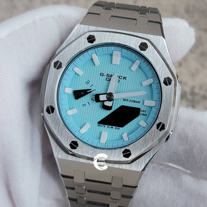 Casioak Mod Watch Silver Case Metal Strap Tiffany White Time Mark Tiffany Blue Dial 44mm - Casioak Studio