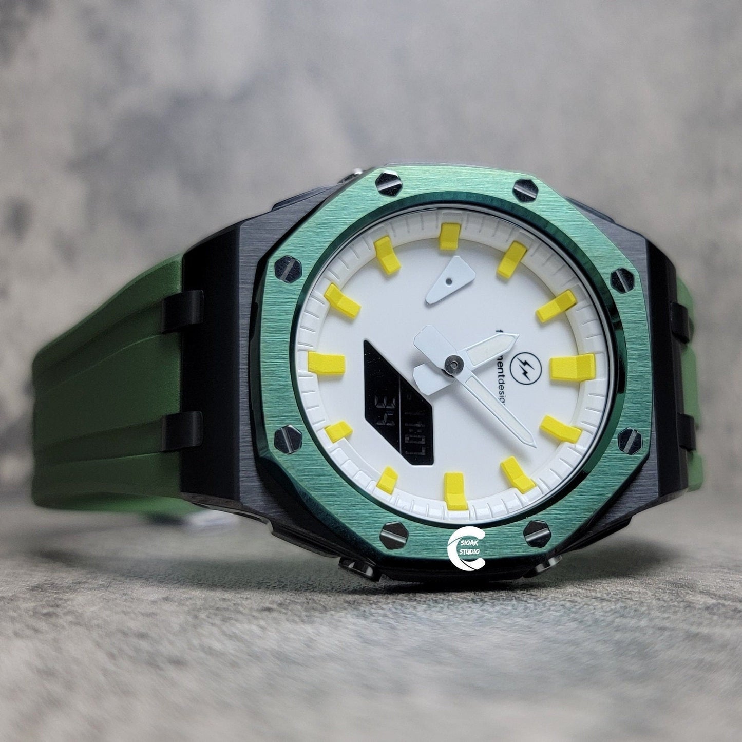 Casioak Mod Watch Green Black Offshore Superior Case Green Rubber Strap White Time Mark Dial 44mm - Casioak Studio