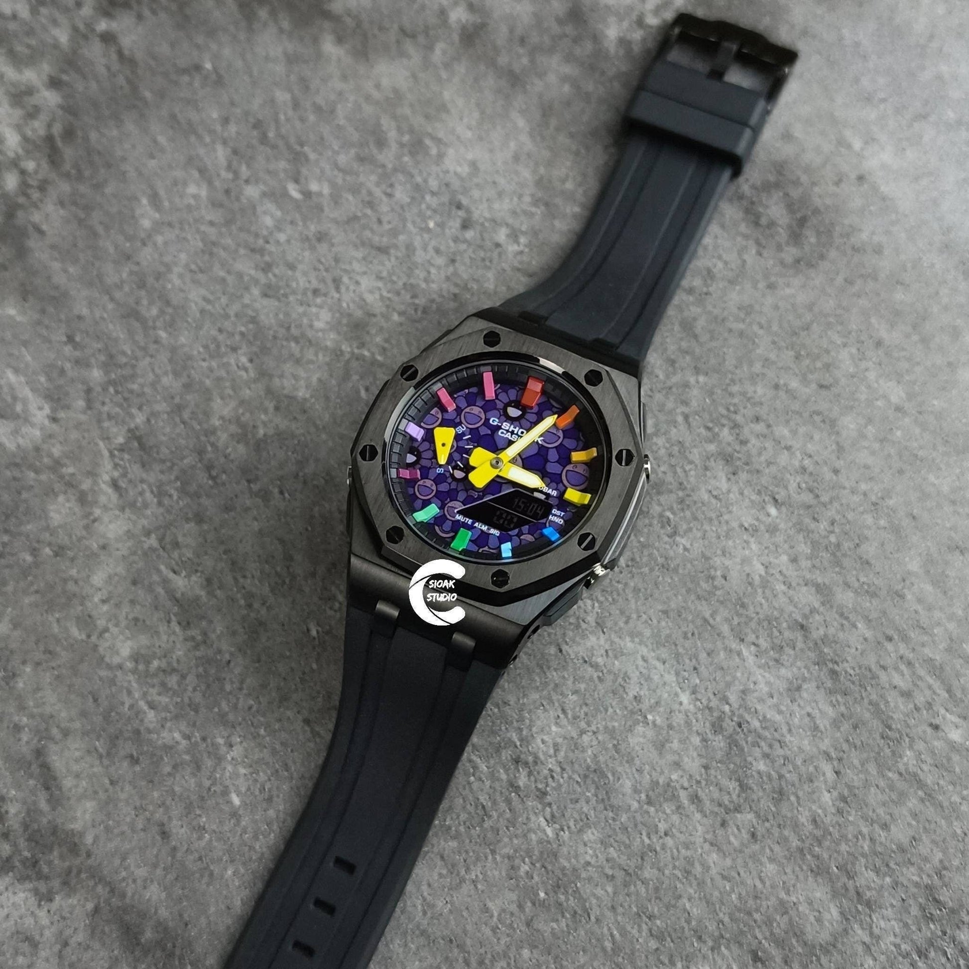 Casioak Mod Watch Offshore Superior Black Case Black Rubber Strap Black Rainbow Time Mark Takashi Murakami Dial 44mm - Casioak Studio