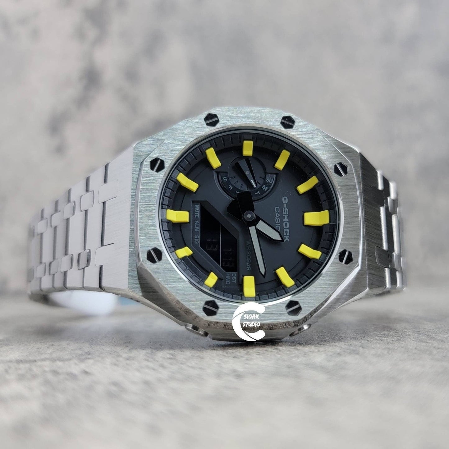 Casioak Mod Watch Silver Case Metal Strap Black Yellow Time Mark Black Dial 44mm - Casioak Studio