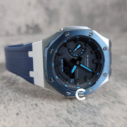 Casioak Mod Watch Blue Silver Case Blue Rubber Strap Black Time Mark Black Dial 44mm - Casioak Studio