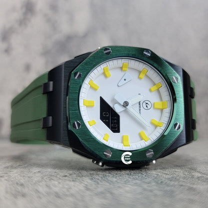 Casioak Mod Watch Green Black Offshore Superior Case Green Rubber Strap White Time Mark Dial 44mm - Casioak Studio