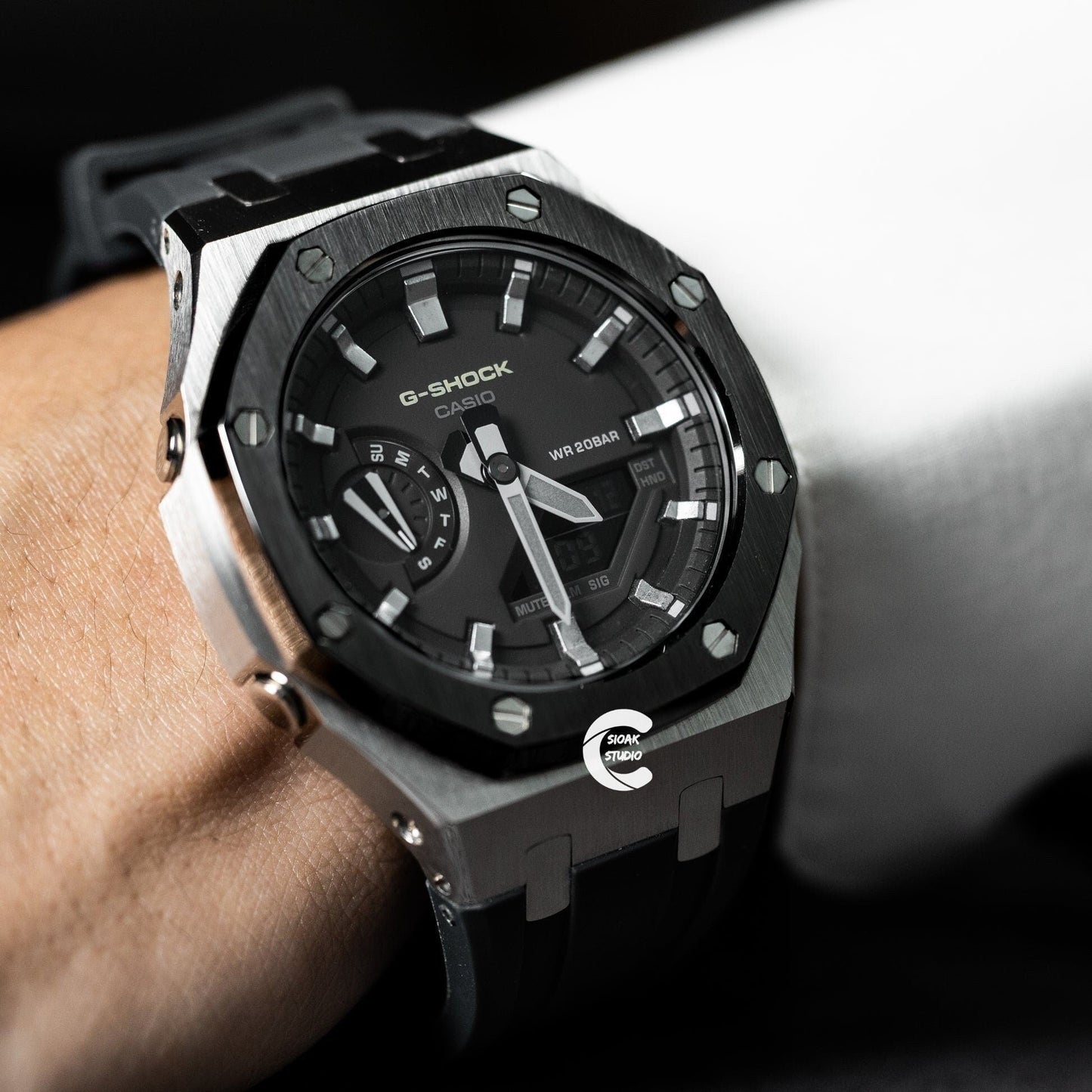 Casioak Mod Watch Black Silver Case White Rubber Strap Black Light Gray Time Mark Black Dial 44mm - Casioak Studio