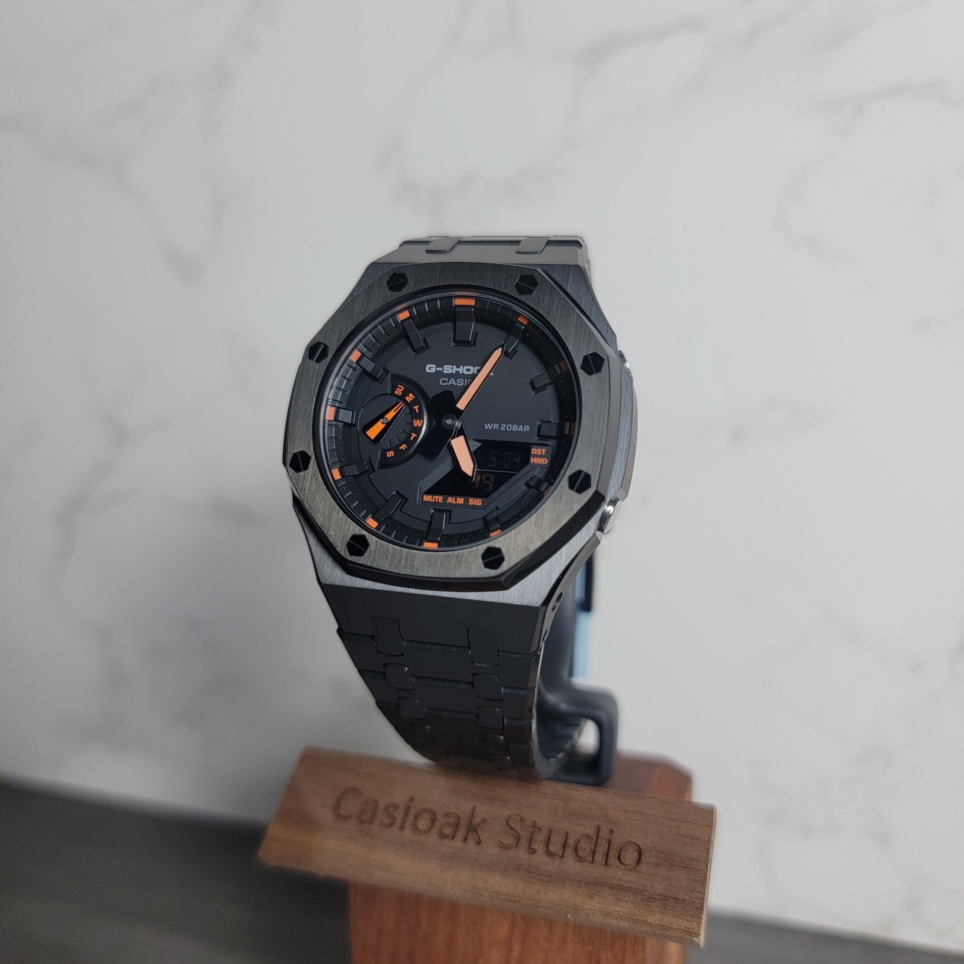 Casioak Mod Watch Black Case Metal Strap Black Time Mark Black Dial 44mm Orange - Casioak Studio