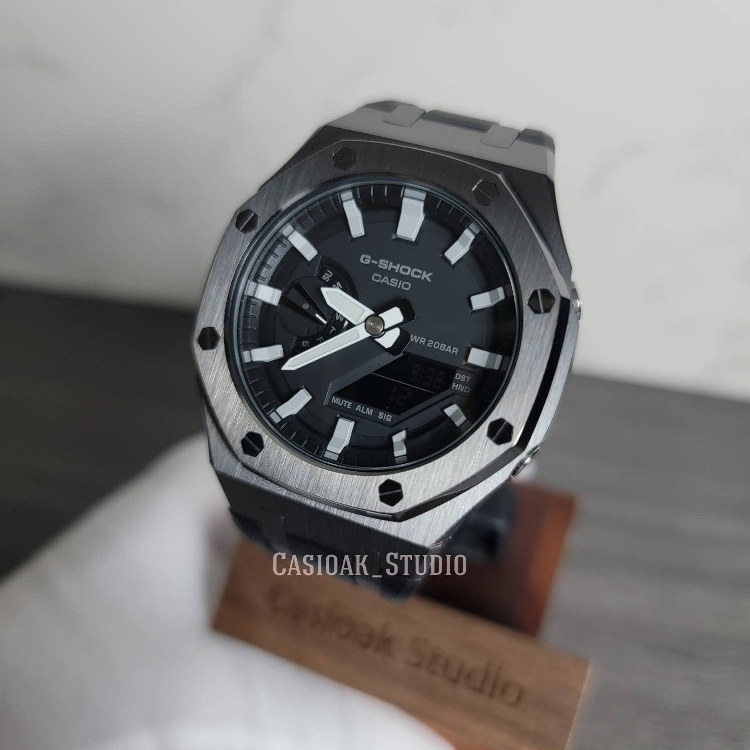 Casioak Mod Watch Gray Case Black Rubber Strap Black Light Gray Time Mark Black Dial 44mm - Casioak Studio