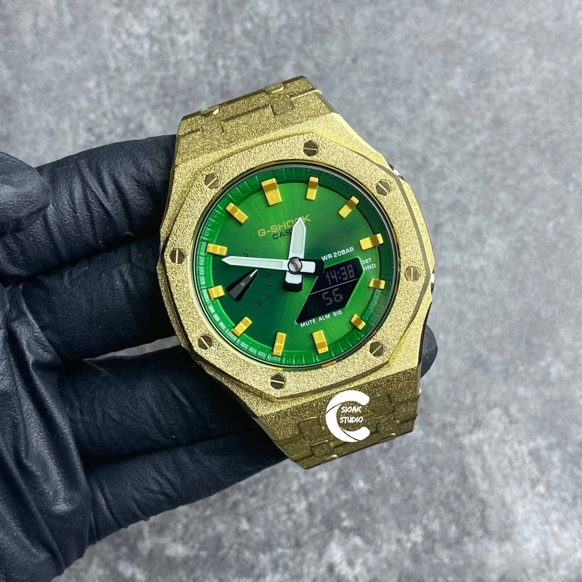 Casioak Mod Watch Frosted Gold Case Metal Strap  Green Time Mark  Green Dial 44mm - Casioak Studio