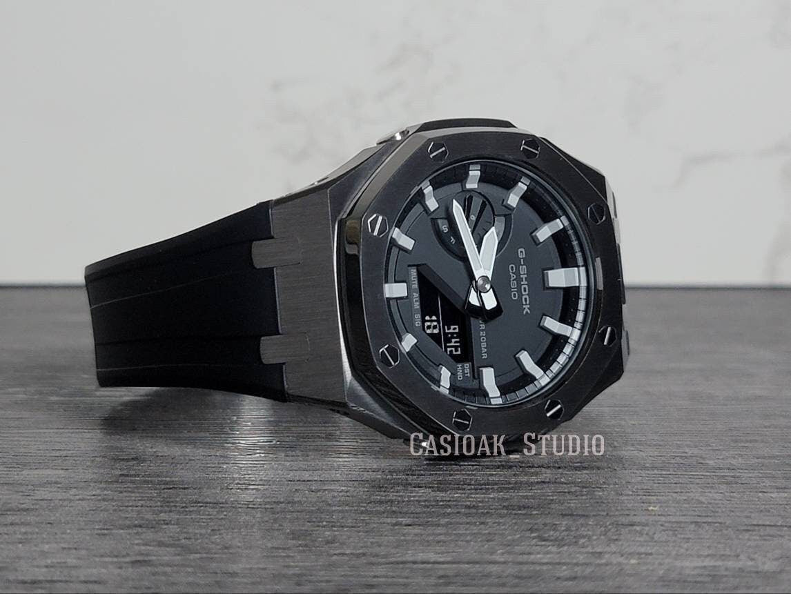 Casioak Mod Watch Gray Case Black Rubber Strap Black Light Gray Time Mark Black Dial 44mm - Casioak Studio