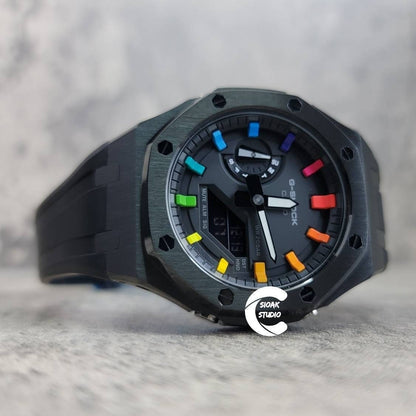 Casioak Mod Watch Black Case Black Rubber Strap Black Rainbow Time Mark Black Dial 44mm - Casioak Studio