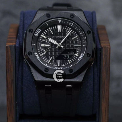 Casioak Mod Watch NEW Offshore Superior Black Case Black Rubber Strap Black Time Mark Black Dial 44mm Sapphire Glass - Casioak Studio