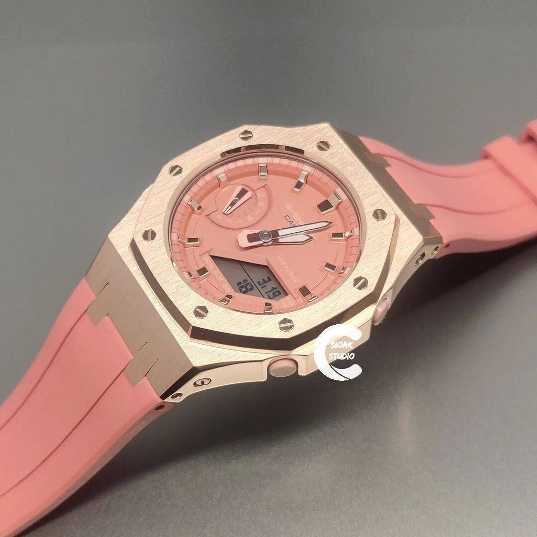 Casioak Mod Watch Rose Gold Case Pink Rubber Strap Pink Rose Gold Time Mark Pink Dial 42mm - Casioak Studio