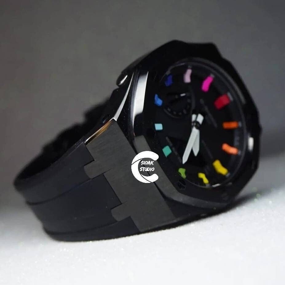 Casioak Mod Watch Black Case Black Rubber Strap Black Rainbow Time Mark Black Dial 44mm - Casioak Studio