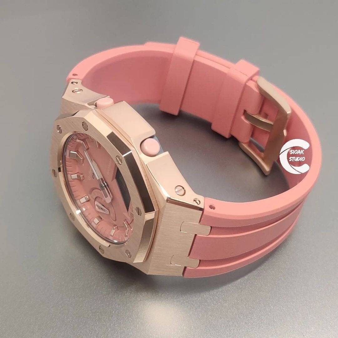 Casioak Mod Watch Rose Gold Case Pink Rubber Strap Pink Rose Gold Time Mark Pink Dial 42mm - Casioak Studio