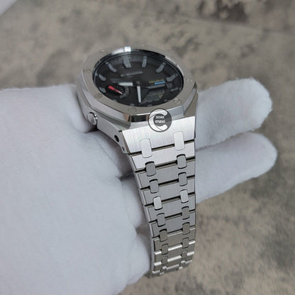 Casioak Mod Watch Solar Bluetooth Silver Case Metal Strap Black Gray Time Mark Black Dial 44mm - Casioak Studio