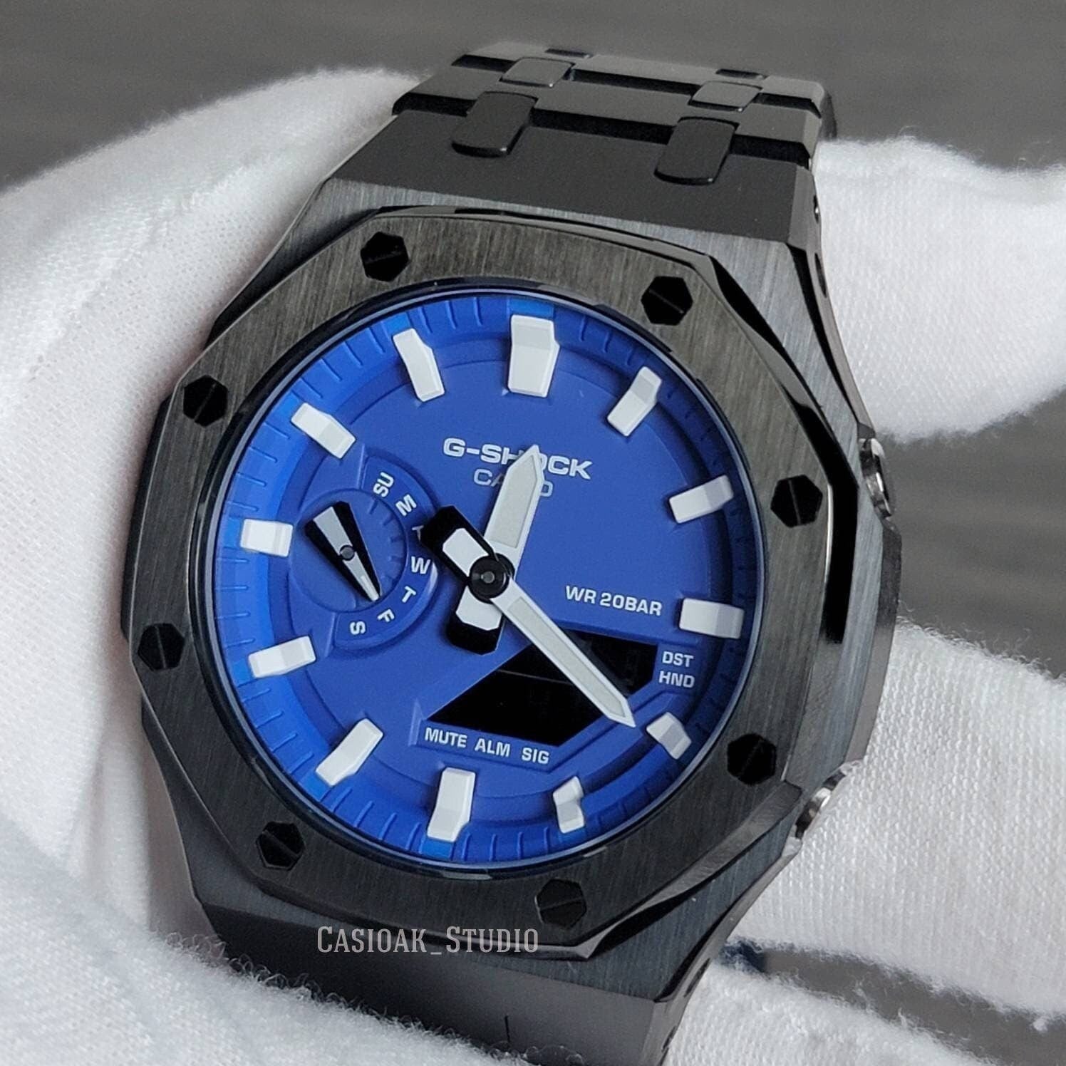 Casioak Mod Watch Black Case Metal Strap Blue White Time Mark Blue Dial 44mm - Casioak Studio