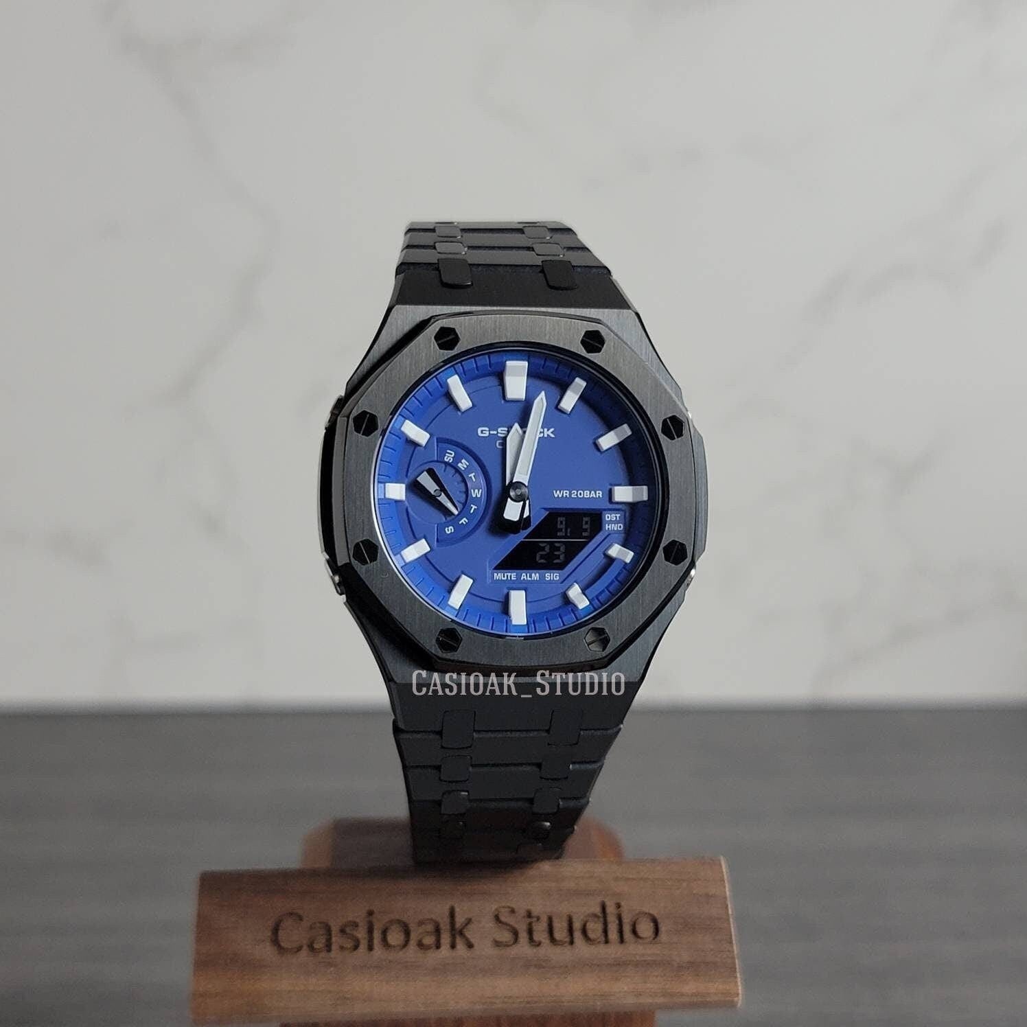 Casioak Mod Watch Black Case Metal Strap Blue White Time Mark Blue Dial 44mm - Casioak Studio