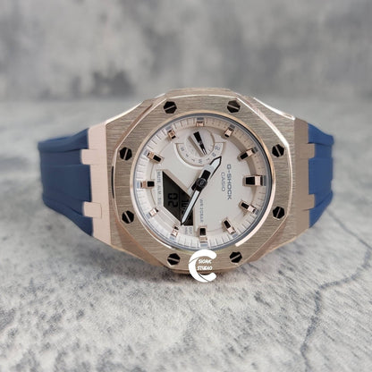 Casioak Mod Watch Rose Gold Case Blue Rubber Strap Beige Rose Gold Time Mark Beige Dial 42mm - Casioak Studio