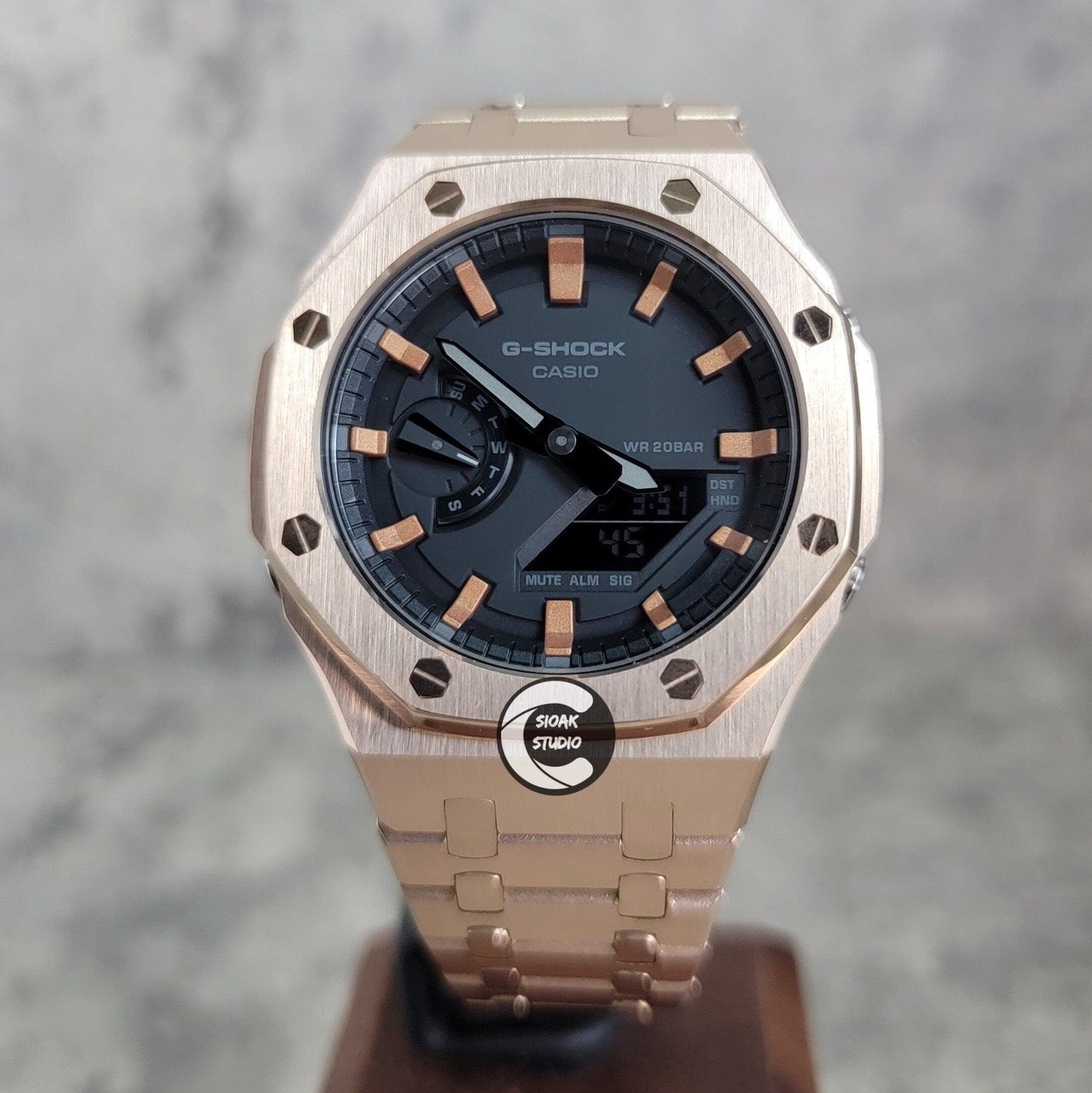 Casioak Mod Watch Rose Gold Case Metal Strap Black Rose Gold Time Mark Black Dial 44mm - Casioak Studio