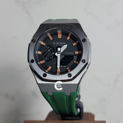 Casioak Mod Watch Gray Case Green Rubber Strap Black Rose Gold Time Mark Black Dial 44mm - Casioak Studio