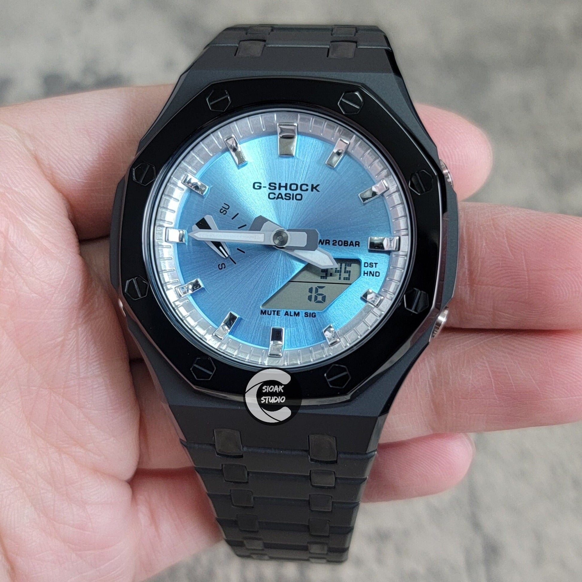 Casioak Mod Watch Polished Black Case Metal Strap Silver Time Mark Blue Dial 44mm - Casioak Studio