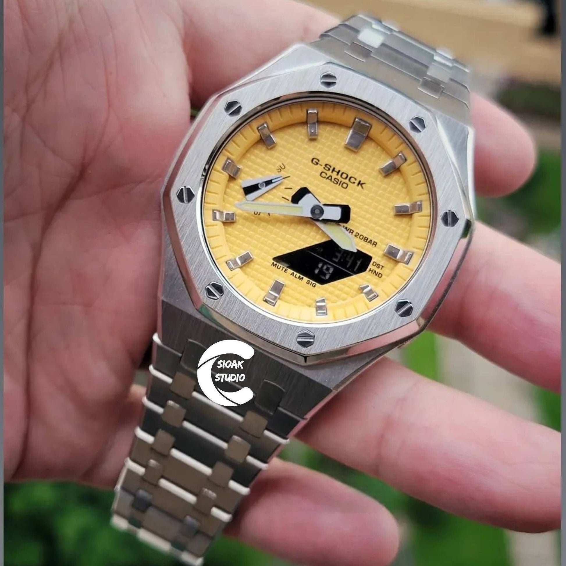 Casioak Mod Watch Silver Case Metal Strap Yellow Silver Time Mark Yellow Dial 44mm - Casioak Studio