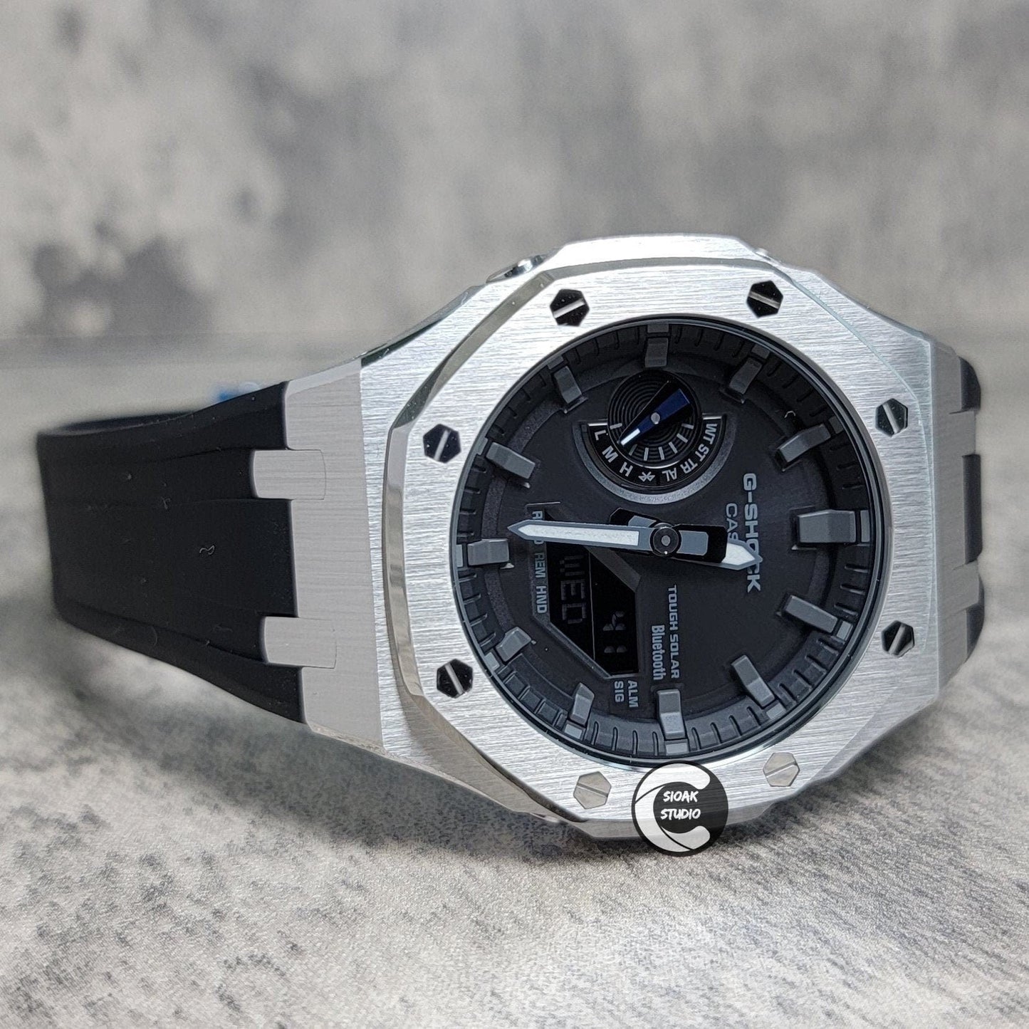 Casioak Mod Watch Solar Bluetooth Silver Cas White Rubber Strap Black Gray Time Mark Black Gray Dial 44mm G SHOCK CUSTOM的副本 - Casioak Studio